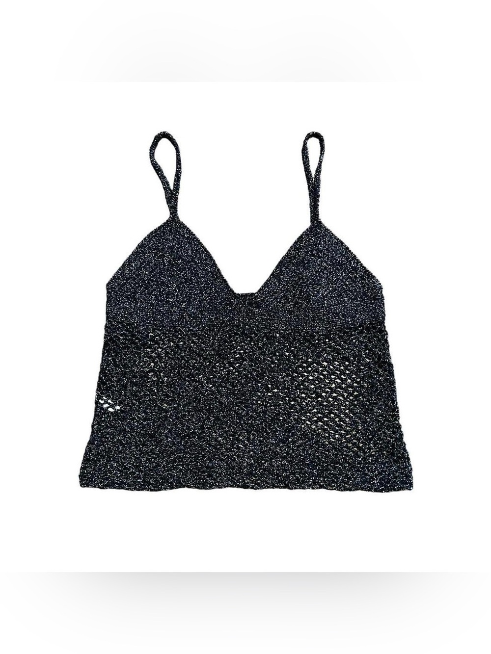 Y2K Festival Express Black Navy Crochet Knit Glittery Women's Tank Top Size M